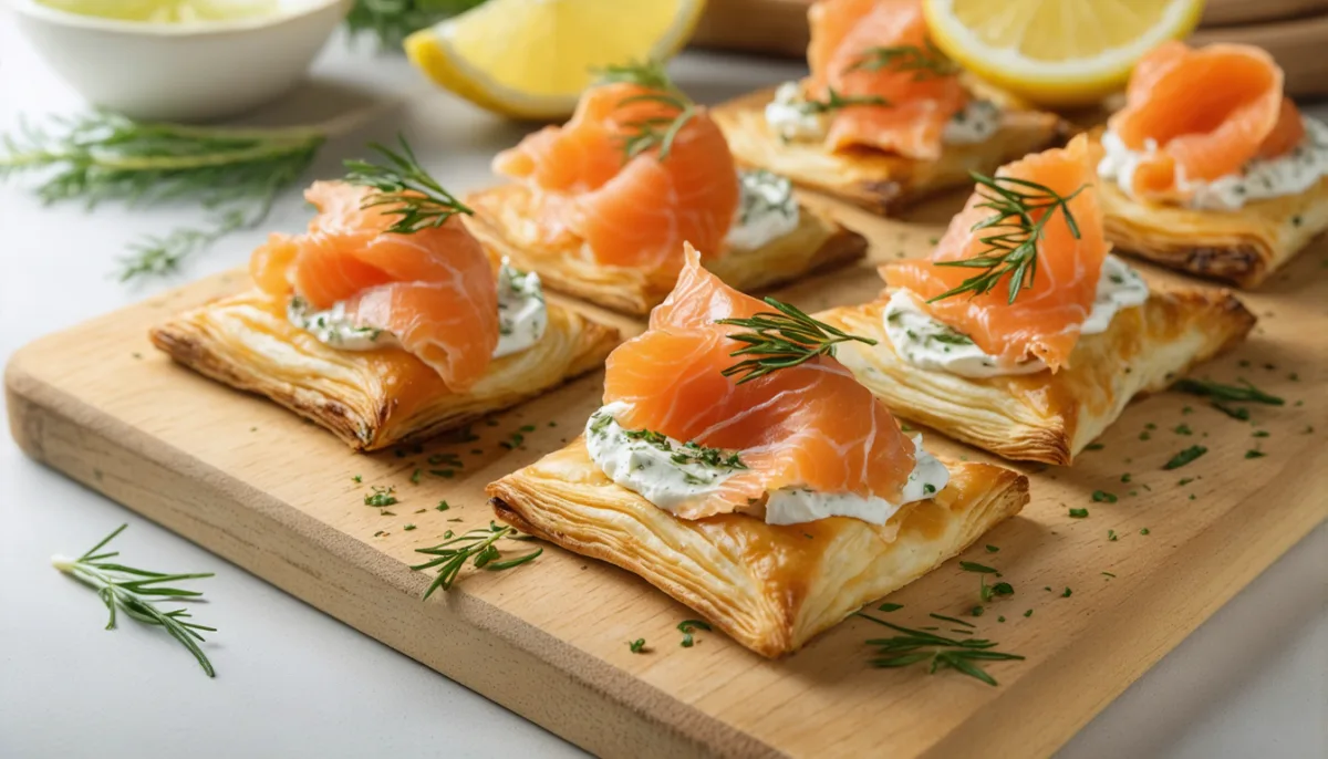 savourez nos feuilletés croustillants au saumon fumé et fromage frais à l’ail et fines herbes, parfaits pour un apéritif gourmand et raffiné.