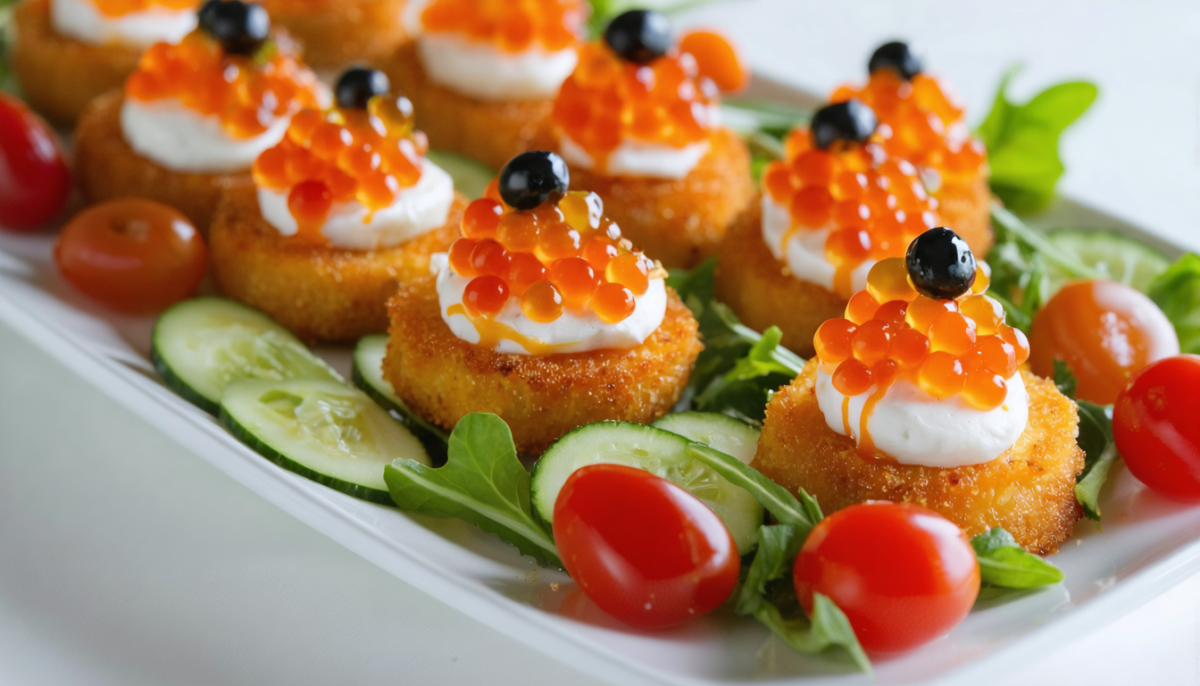 découvrez nos délices croquants : bouchées savoureuses au fromage, œufs de lump et légumes frais, parfaites pour un apéritif élégant et gourmand.