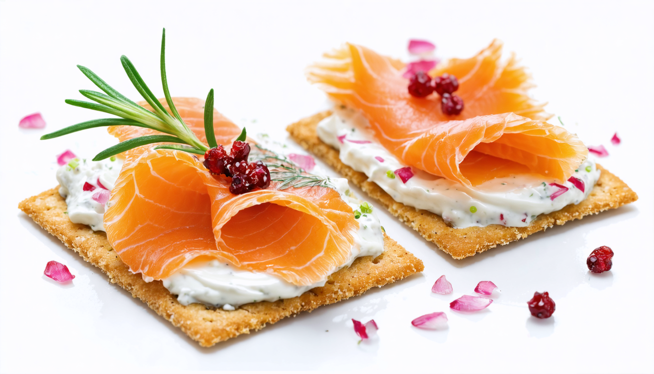 découvrez nos crackers légers et croustillants garnis de saumon fumé délicat et de fromage frais onctueux, parfaits pour un apéritif savoureux et raffiné.