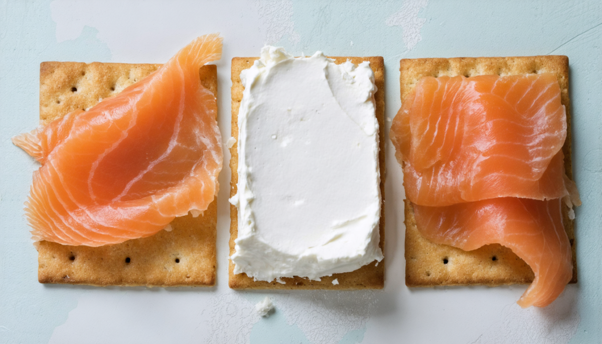 découvrez nos crackers légers garnis de saumon fumé et de fromage frais onctueux, une alliance parfaite pour des délices croustillants et raffinés.
