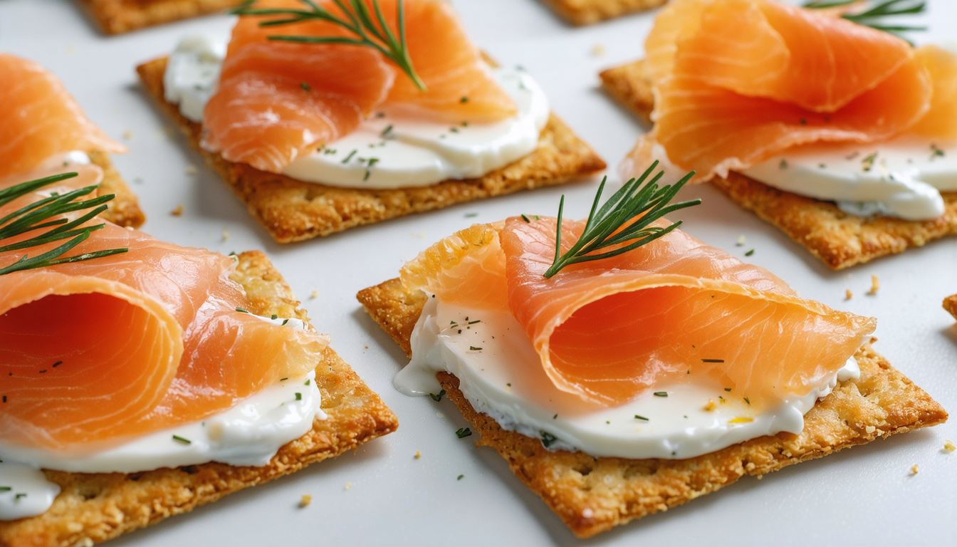 découvrez nos crackers légers garnis de saumon fumé et de fromage frais onctueux, une délicieuse recette de délices croustillants idéale pour toutes vos occasions.