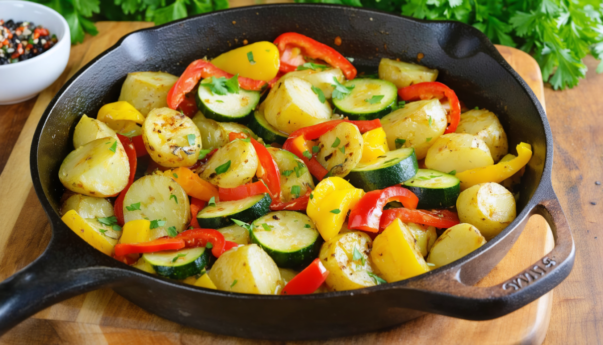 découvrez une recette simple et gourmande de poêlée colorée alliant pommes de terre, courgettes et poivrons pour un repas savoureux et facile à préparer.