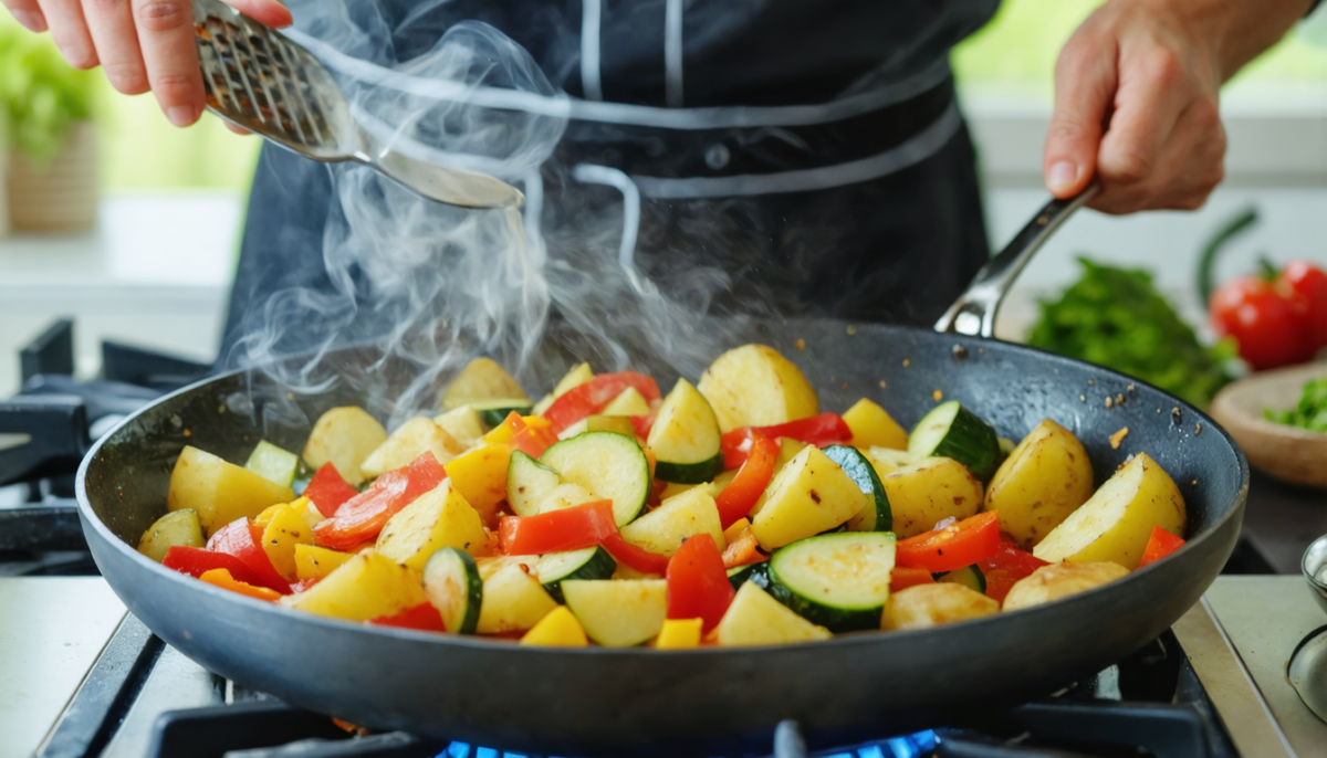 découvrez une recette simple et gourmande de poêlée colorée aux pommes de terre, courgettes et poivrons, parfaite pour un repas savoureux et équilibré.