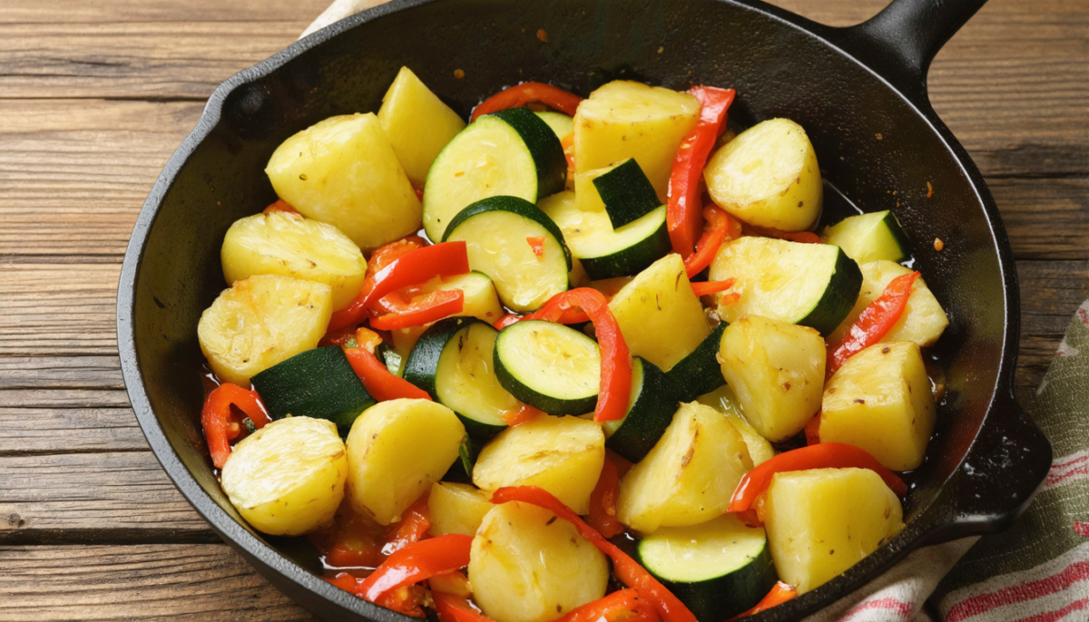 découvrez une délicieuse poêlée colorée alliant pommes de terre, courgettes et poivrons. une recette simple, gourmande et rapide à préparer pour régaler toute la famille.