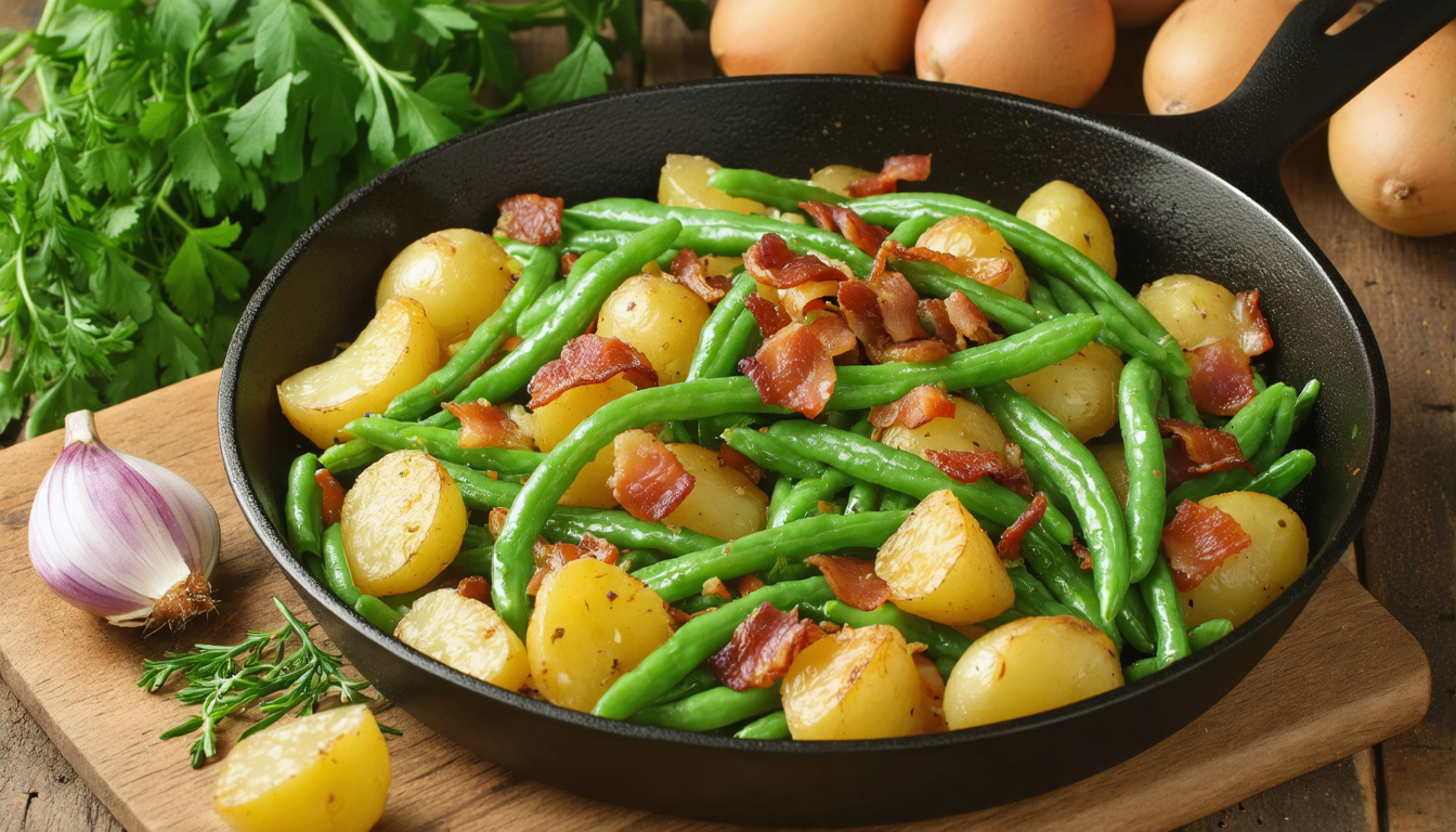 découvrez une recette simple et savoureuse de poêlée rustique alliant haricots plats, pommes de terre dorées et lardons croustillants, parfaite pour un repas gourmand et facile à préparer.