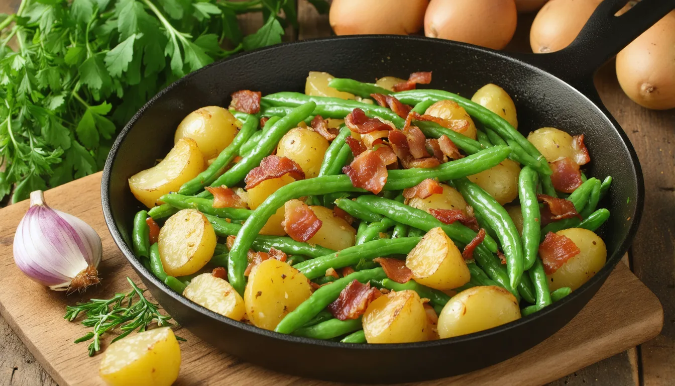 découvrez une recette simple et savoureuse de poêlée rustique alliant haricots plats, pommes de terre dorées et lardons croustillants, parfaite pour un repas gourmand et facile à préparer.