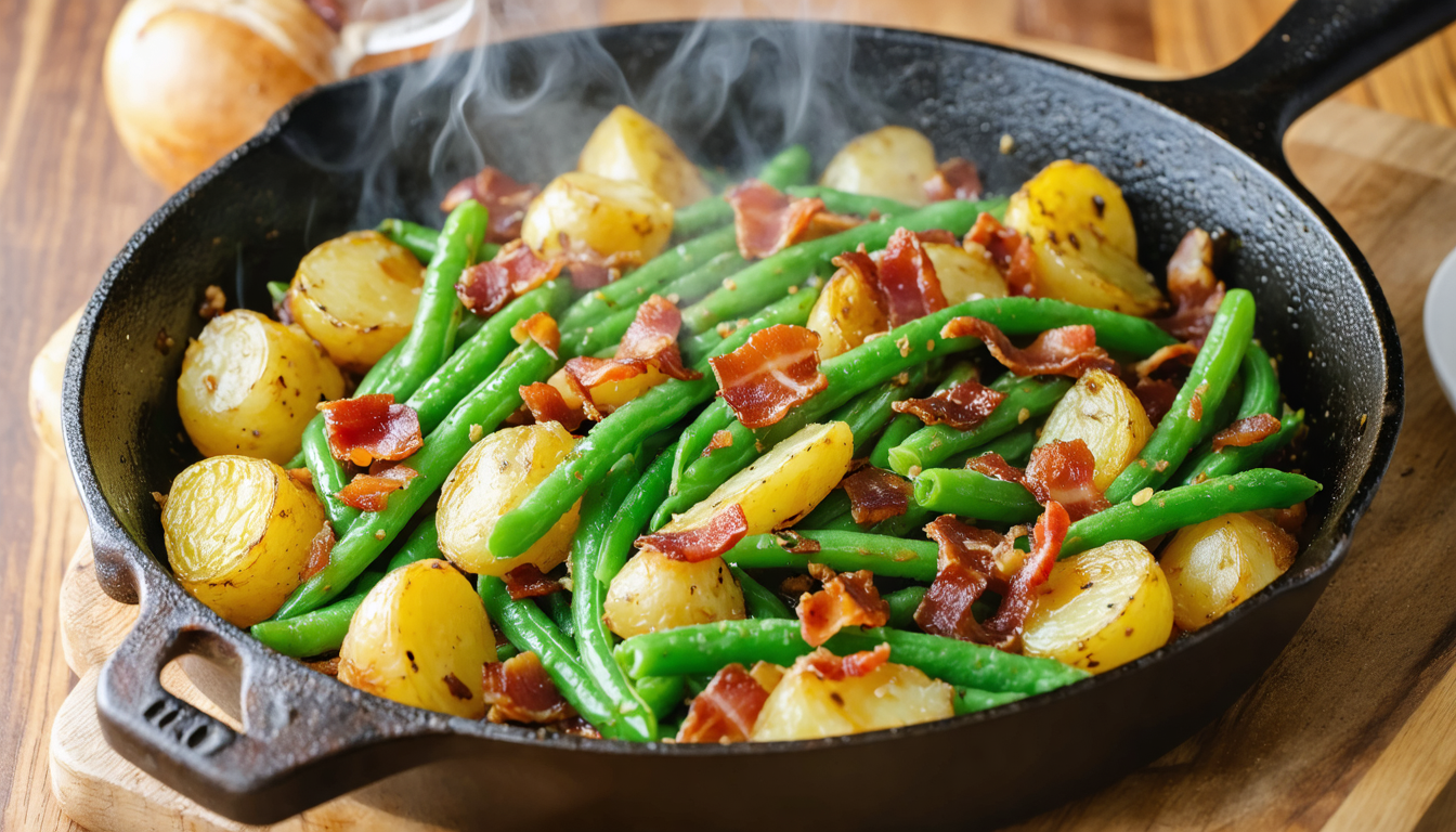 découvrez une recette simple et savoureuse de poêlée rustique alliant haricots plats, pommes de terre dorées et lardons croustillants, parfaite pour un repas réconfortant.