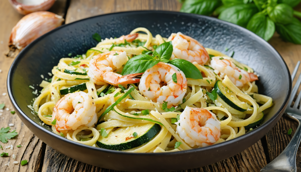découvrez une recette rapide et délicieuse de pâtes savoureuses aux crevettes juteuses et courgettes croquantes, parfaite pour un repas gourmand et facile à préparer.