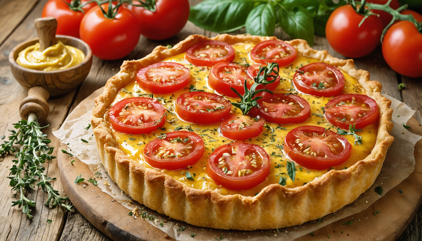 découvrez une recette simple et rapide pour préparer une délicieuse tarte estivale à la tomate, moutarde et herbes de provence, parfaite pour les beaux jours.