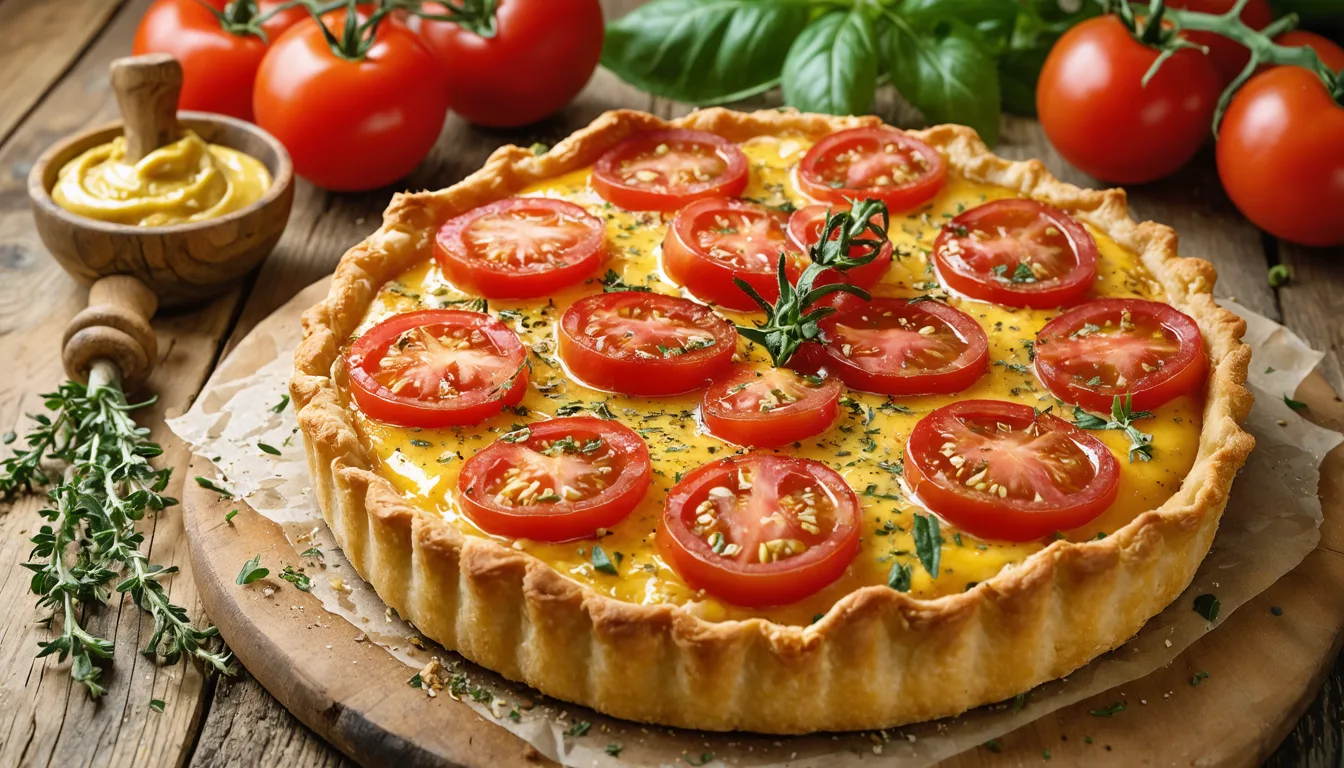 découvrez une recette simple et rapide pour préparer une délicieuse tarte estivale à la tomate, moutarde et herbes de provence, parfaite pour les beaux jours.