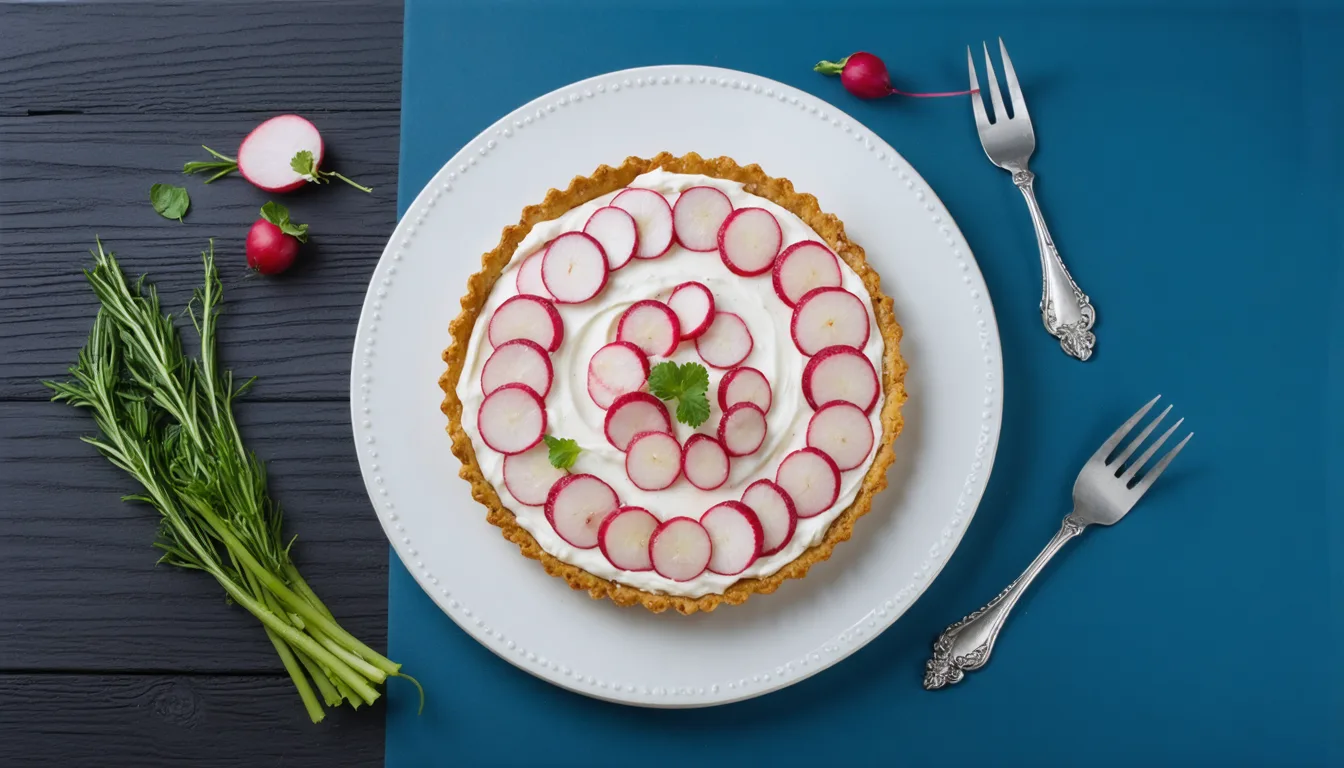 découvrez notre délicieuse tarte fine aux radis, sublimée par une sauce onctueuse au fromage frais, parfaite pour un repas léger et savoureux.