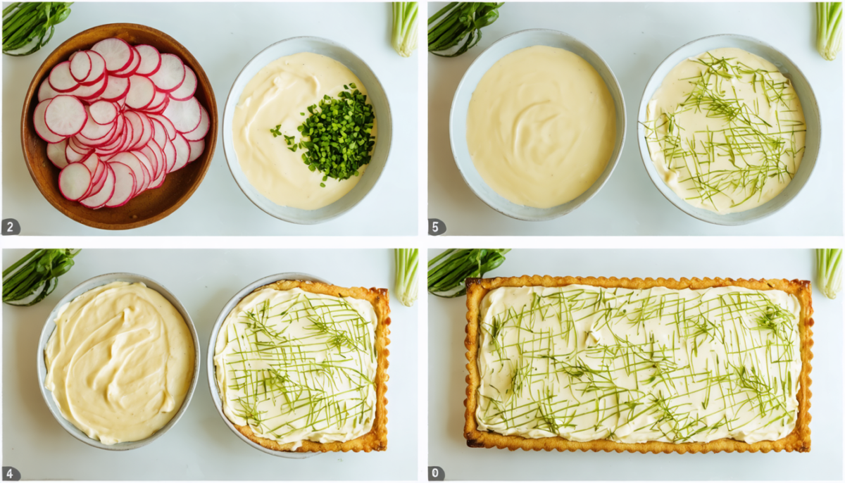 découvrez notre délicieuse tarte fine aux radis, sublimée par une sauce onctueuse au fromage frais, parfaite pour une entrée raffinée et gourmande.