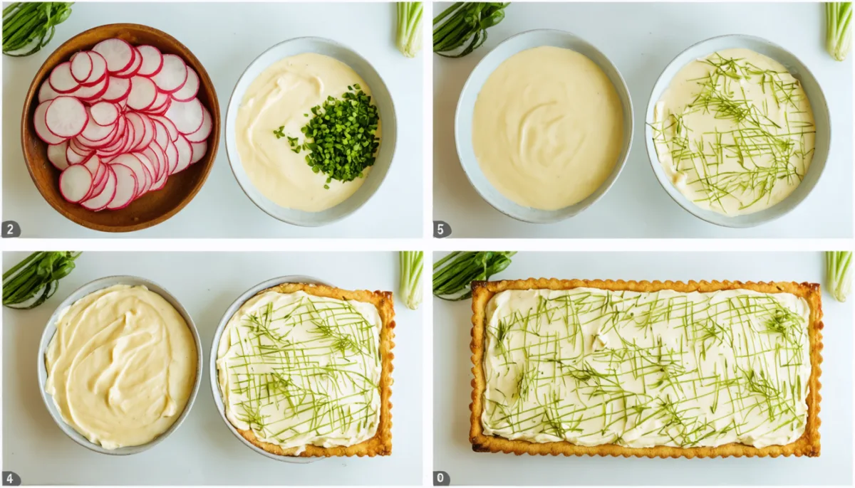 découvrez notre délicieuse tarte fine aux radis, sublimée par une sauce onctueuse au fromage frais, parfaite pour une entrée raffinée et gourmande.