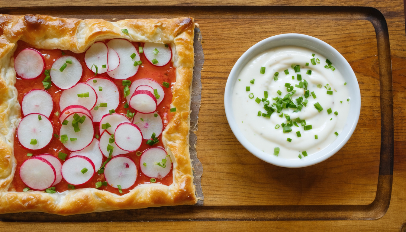 découvrez la recette gourmande de la tarte fine aux radis, sublimée par une sauce onctueuse au fromage frais, parfaite pour une entrée fraîche et savoureuse.