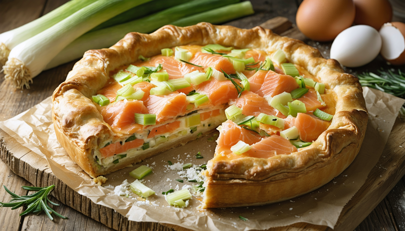 découvrez une recette simple et savoureuse de tourte au saumon et poireaux, parfaite pour un repas gourmand et facile à préparer.