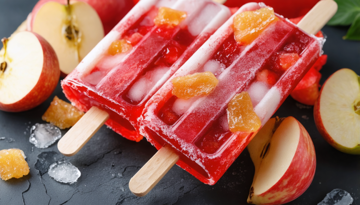 savourez nos délicieuses glaces à l'eau légères à la grenadine, garnies d'éclats de pomme croquants pour une fraîcheur et un croquant incomparables.