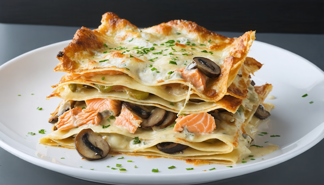 découvrez nos délicieuses lasagnes au saumon, poireaux et champignons, généreusement nappées d'une béchamel légère pour un repas savoureux et gourmand.