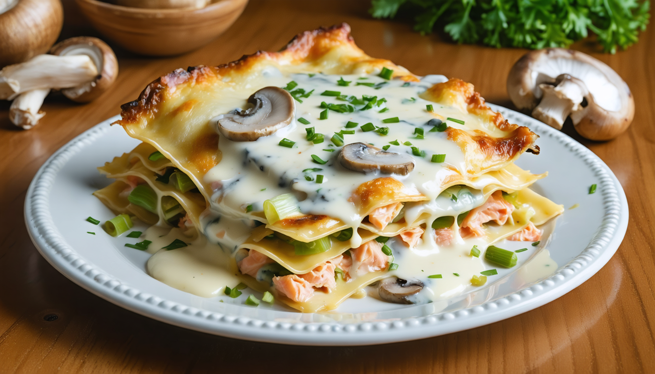 découvrez nos délicieuses lasagnes au saumon, poireaux et champignons, généreusement nappées d'une béchamel légère pour un plat savoureux et gourmand.
