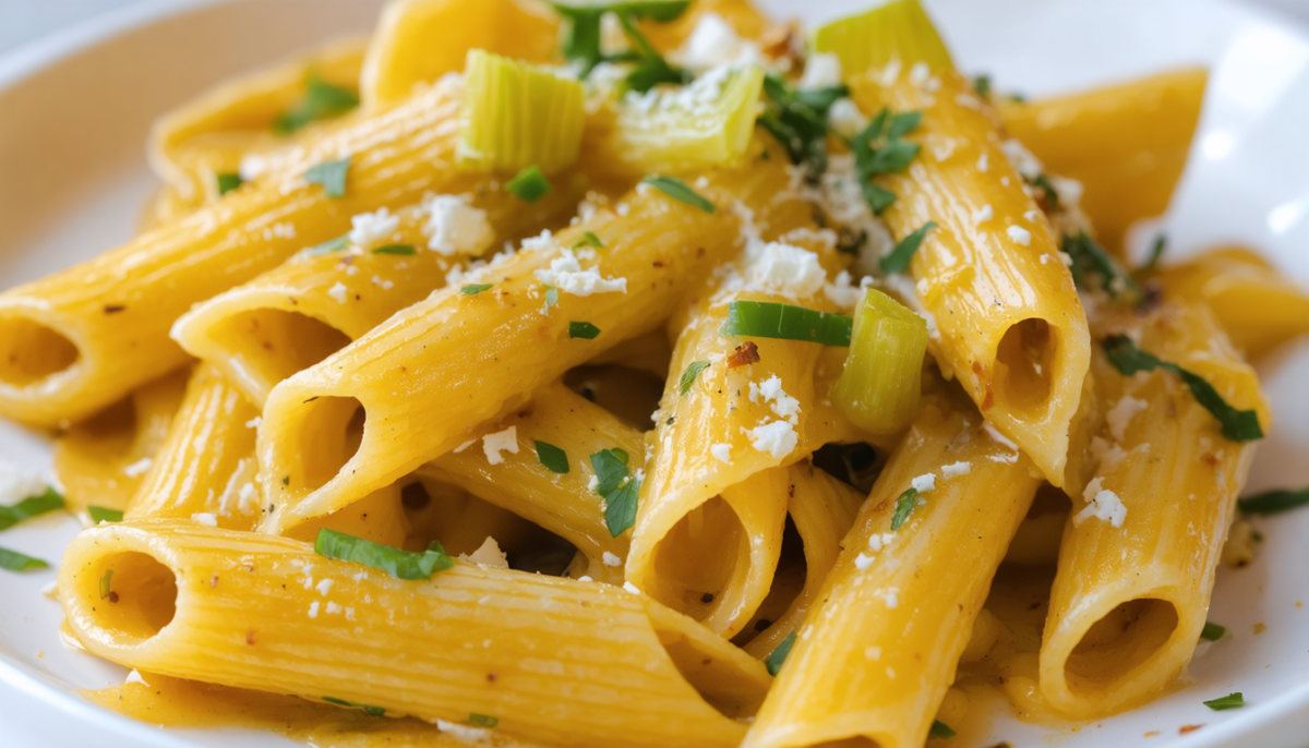 savourez de délicieuses pâtes aux poireaux, généreusement nappées d'une sauce onctueuse à la courge butternut et au fromage frais, pour un repas réconfortant et gourmand.