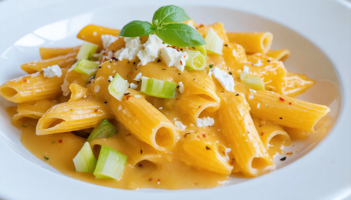 découvrez une recette gourmande de pâtes aux poireaux, délicatement nappées d'une sauce onctueuse au butternut et fromage frais, parfaite pour un repas savoureux et réconfortant.