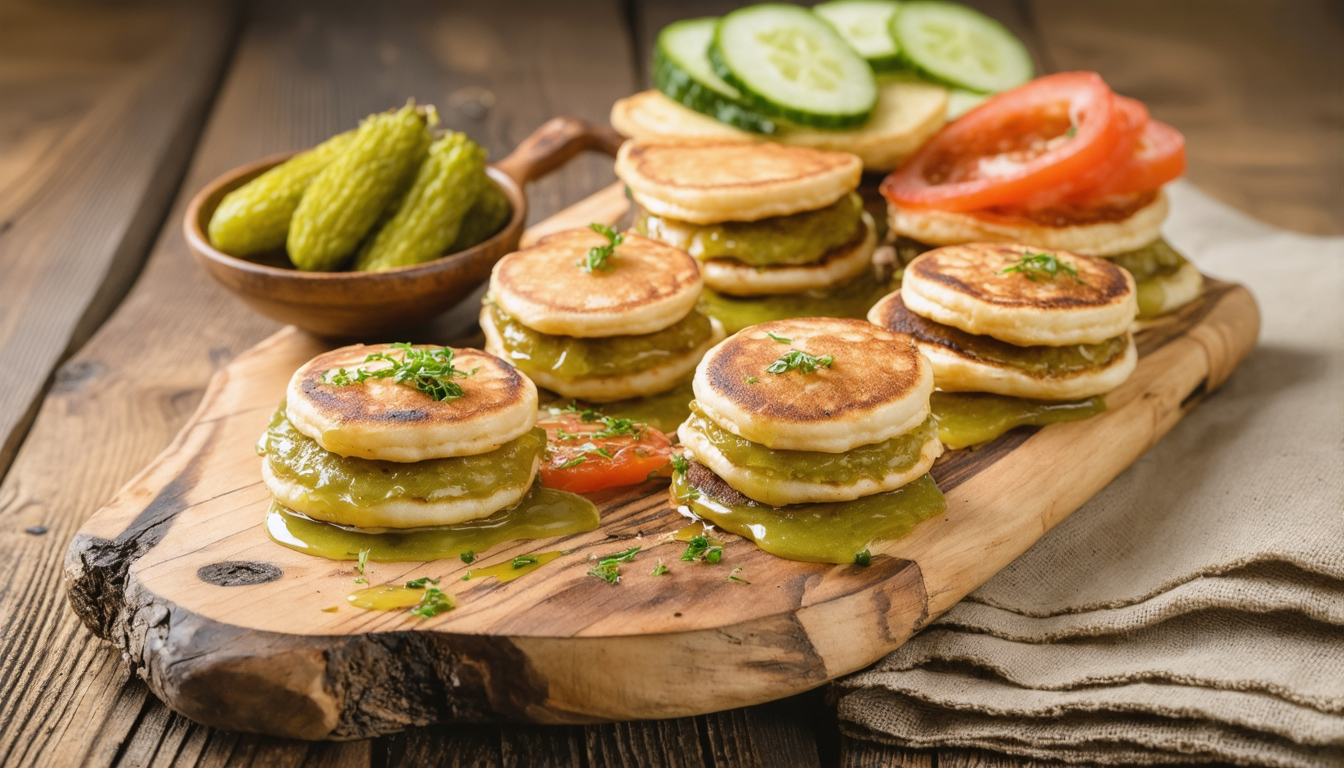 savourez nos blinis maison moelleux, garnis de pickles de légumes croquants et d'une tartinade végétale délicieuse, pour une expérience gourmande et saine.