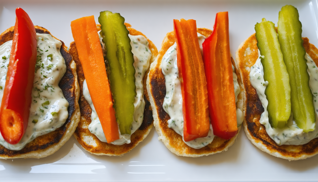découvrez nos délicieux blinis maison, garnis de pickles de légumes croquants et d'une tartinade végétale savoureuse, pour une explosion de saveurs fraîches et originales.