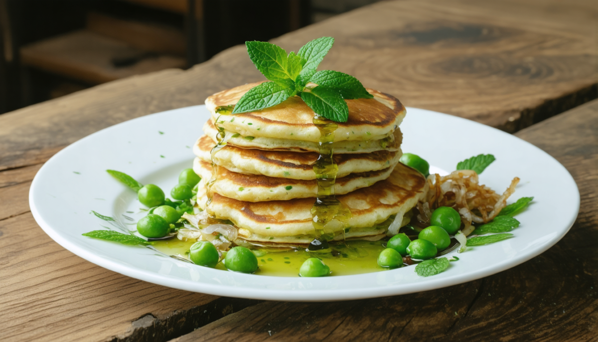 découvrez la recette originale de pancakes légers au thé vert, agrémentés de petits pois frais, de menthe parfumée et d'oignon croquant pour une explosion de saveurs délicates et rafraîchissantes.