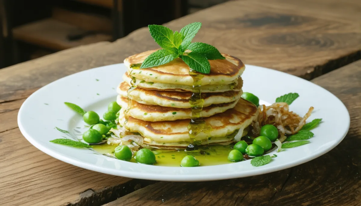 découvrez la recette originale de pancakes légers au thé vert, agrémentés de petits pois frais, de menthe parfumée et d'oignon croquant pour une explosion de saveurs délicates et rafraîchissantes.