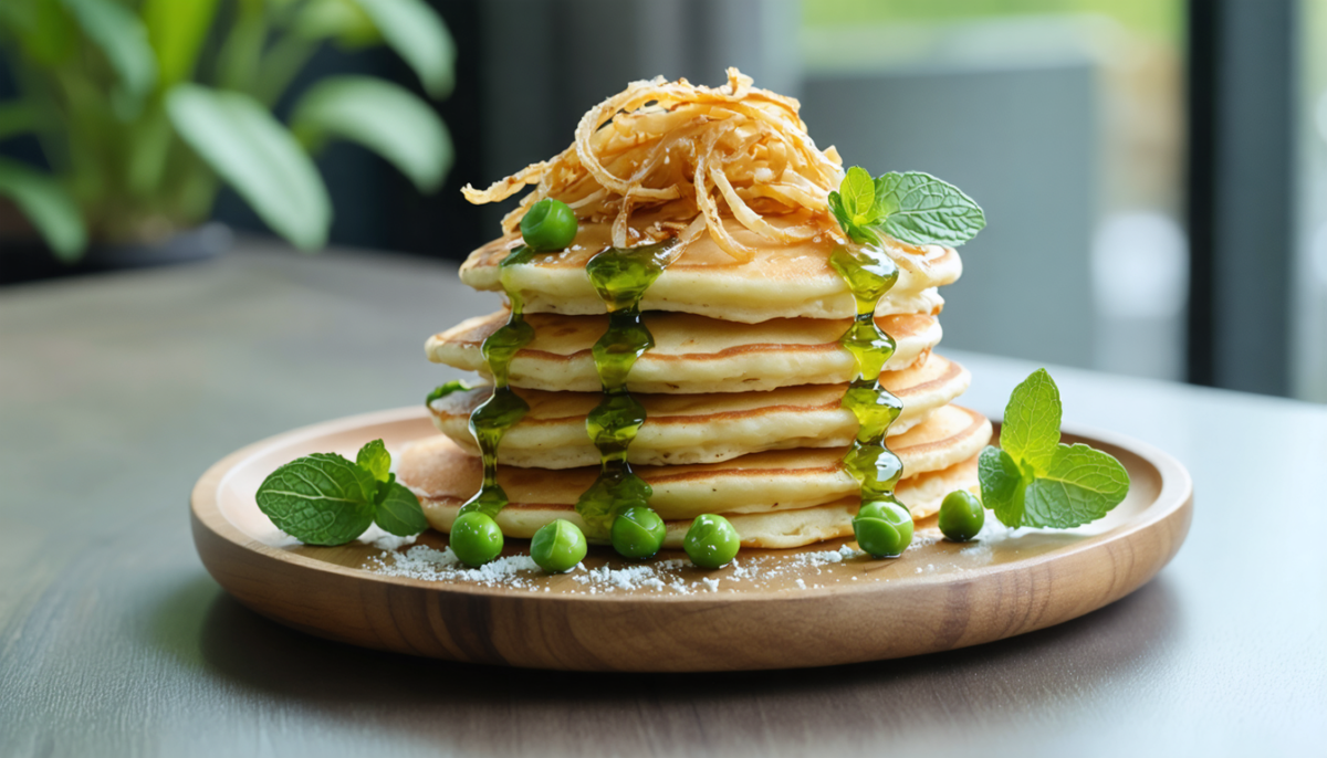 savourez des pancakes légers au thé vert, agrémentés de petits pois frais, de menthe parfumée et d'oignon croquant pour une recette originale et gourmande.