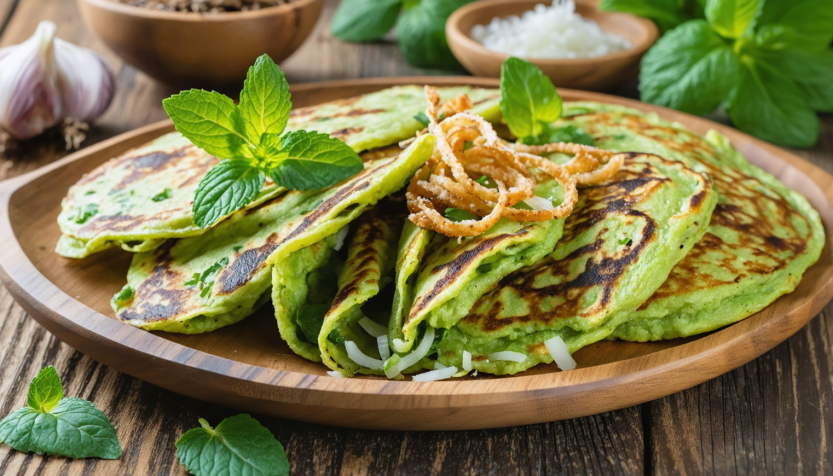 savourez des pancakes légers au thé vert, délicatement garnis de petits pois frais, de menthe parfumée et d'oignon croquant pour une explosion de saveurs rafraîchissantes et originales.
