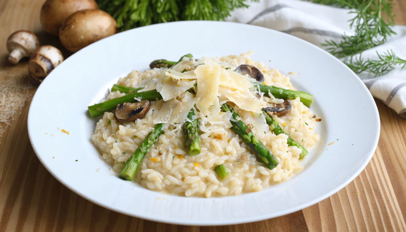 savourez un risotto printanier gourmand avec des asperges croquantes, des champignons savoureux et un parmesan fondant pour une expérience culinaire raffinée.