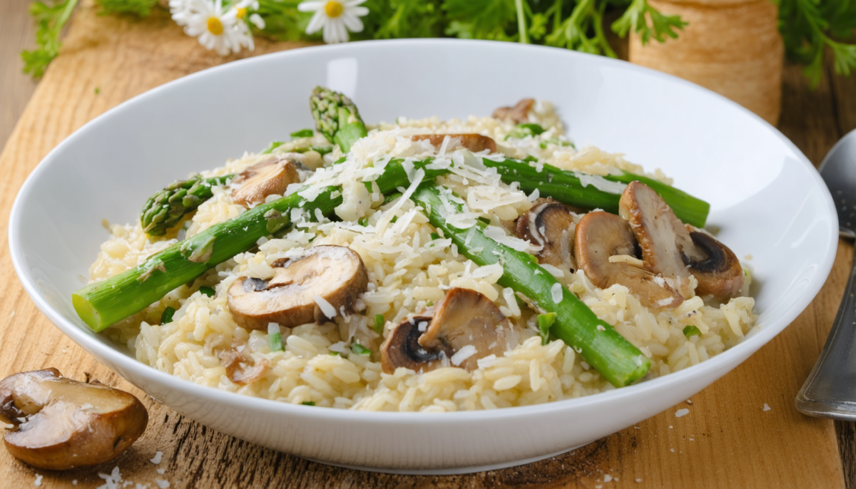 savourez un risotto printanier exquis avec des asperges croquantes, des champignons riches en saveurs et un parmesan fondant pour un plat gourmand et raffiné.