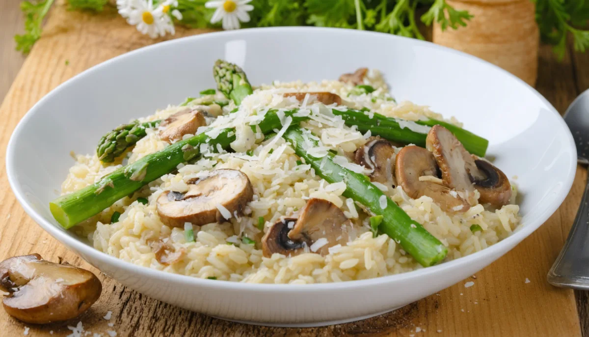 savourez un risotto printanier exquis avec des asperges croquantes, des champignons riches en saveurs et un parmesan fondant pour un plat gourmand et raffiné.