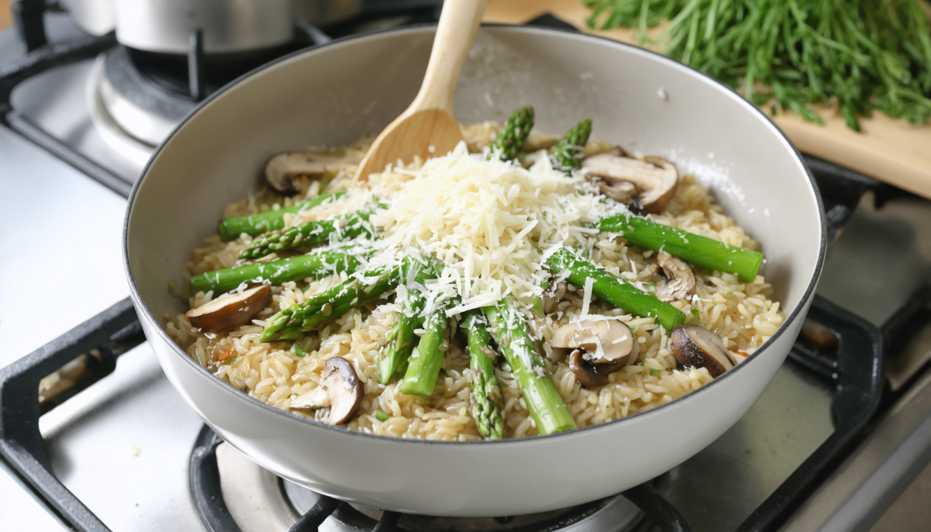 savourez un risotto printanier exquis alliant asperges croquantes, champignons savoureux et parmesan fondant, pour un plat gourmand et raffiné.