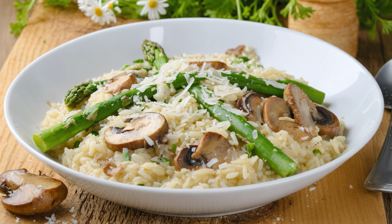 savourez un risotto printanier exquis avec des asperges croquantes, des champignons riches en saveurs et un parmesan fondant pour un plat gourmand et raffiné.