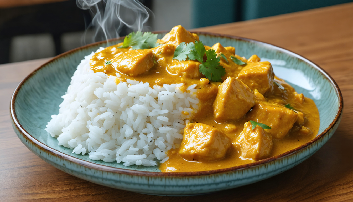 savourez un délicieux riz blanc parfumé servi avec une sauce poulet au curry riche et onctueuse, pour un voyage exotique savoureux directement dans votre assiette.
