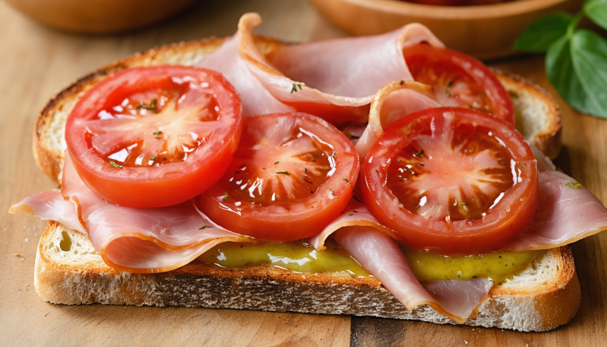 savourez un délicieux toast léger alliant la fraîcheur de la tomate et le goût relevé du jambon à la moutarde, idéal pour une pause gourmande et équilibrée.