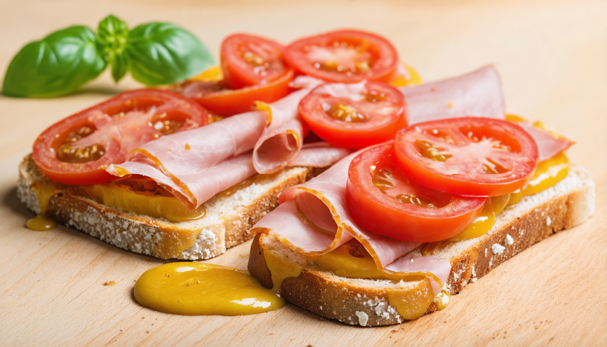 savourez un toast léger et délicieux garni de tomate fraîche et de jambon relevé à la moutarde, parfait pour une pause gourmande et healthy.