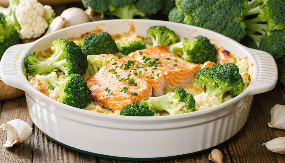 découvrez une recette légère et diététique de gratin sain au brocoli, chou-fleur et saumon, parfaite pour un repas gourmand et équilibré.