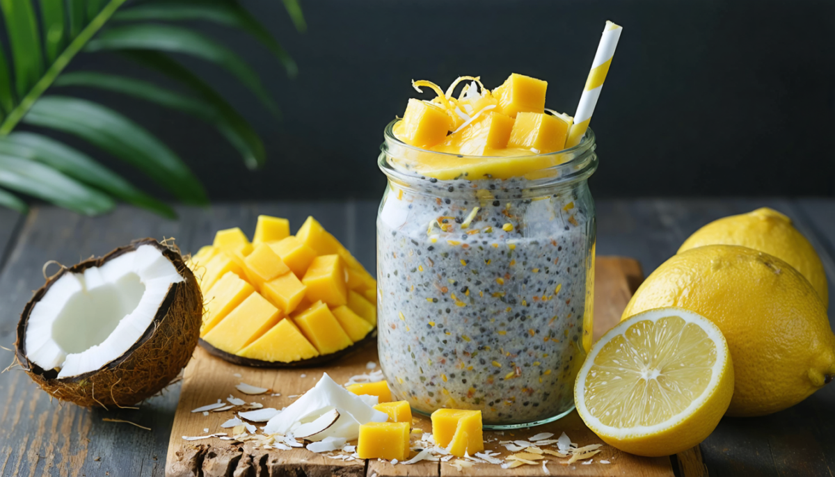 découvrez notre pudding de chia légèrement exotique, aux saveurs délicates de coco, citron et mangue, pour un dessert sain et rafraîchissant.
