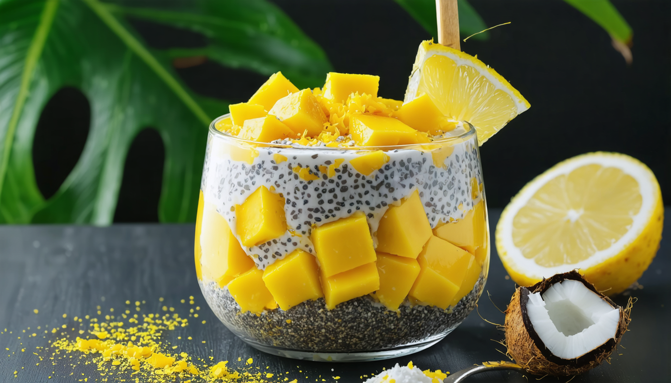 découvrez notre pudding de chia légèrement exotique, mêlant les saveurs fraîches de coco, citron et mangue pour un dessert sain et rafraîchissant.