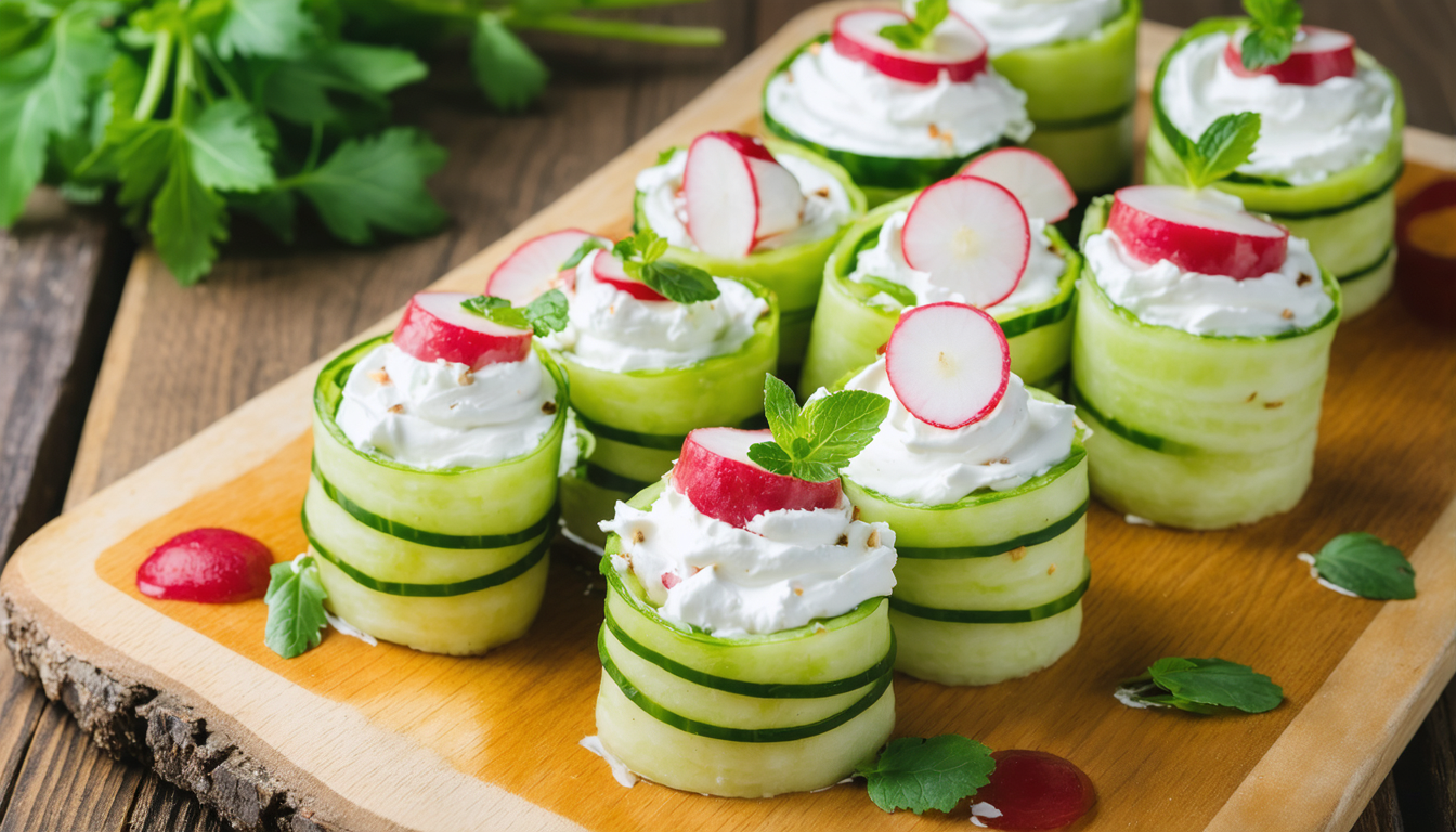 découvrez nos rouleaux de concombre garnis de fromage frais et radis, une entrée légère, saine et pleine de fraîcheur parfaite pour vos repas estivaux.