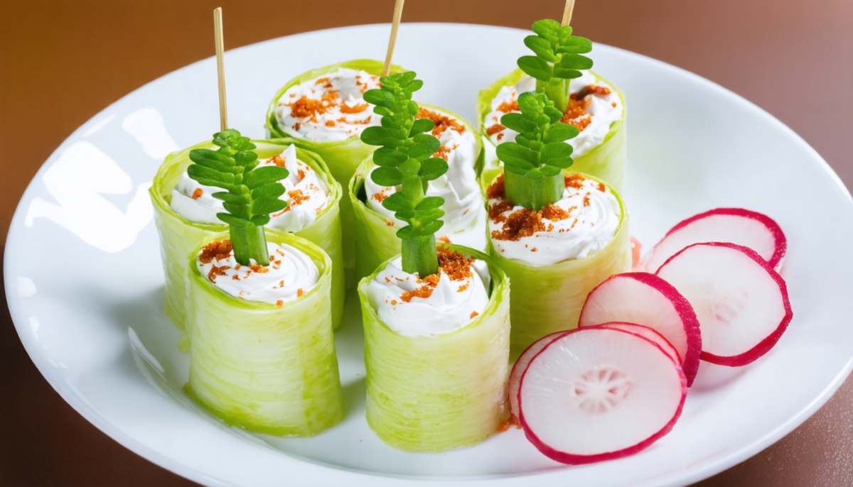 découvrez notre recette de rouleaux de concombre garnis de fromage frais et radis, une entrée légère, fraîche et idéale pour vos repas d'été.