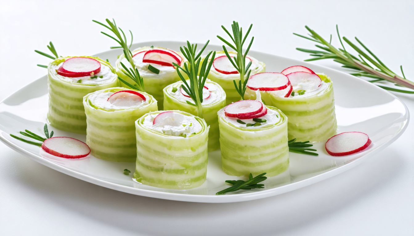 découvrez une recette légère et rafraîchissante : des rouleaux de concombre garnis de fromage frais et de radis, parfaits pour une entrée saine et gourmande.