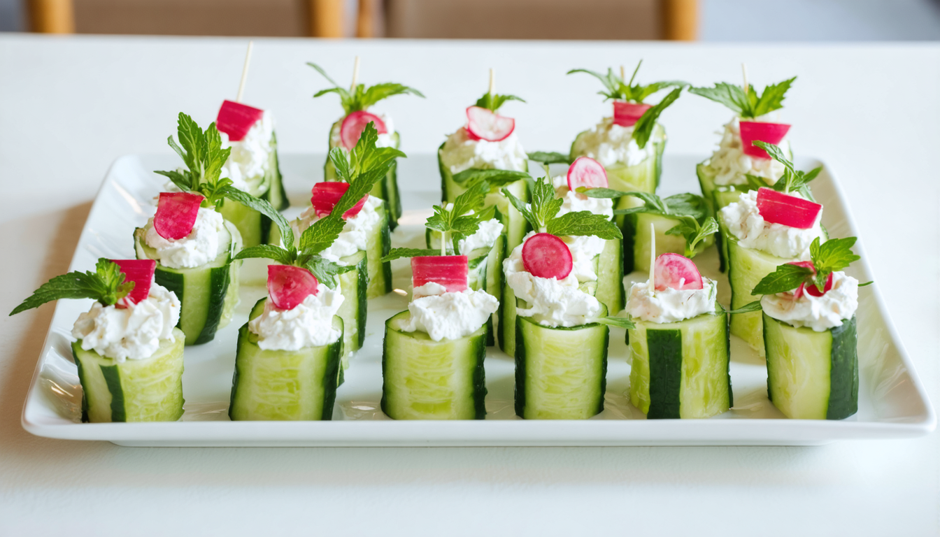 découvrez notre recette facile de rouleaux de concombre garnis de fromage frais et radis, une entrée légère, fraîche et savoureuse idéale pour les repas d'été.