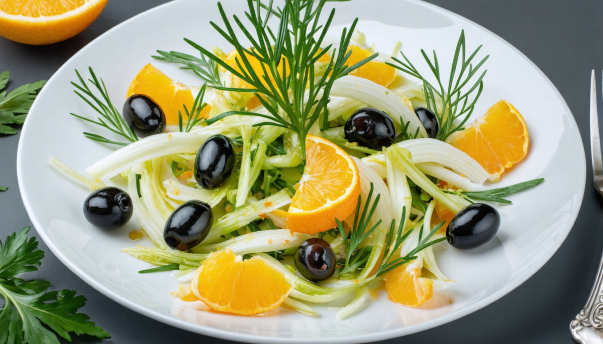 découvrez une salade croquante de fenouil, orange et olives noires, alliant fraîcheur, saveurs acidulées et un apport riche en vitamines pour un plat sain et gourmand.
