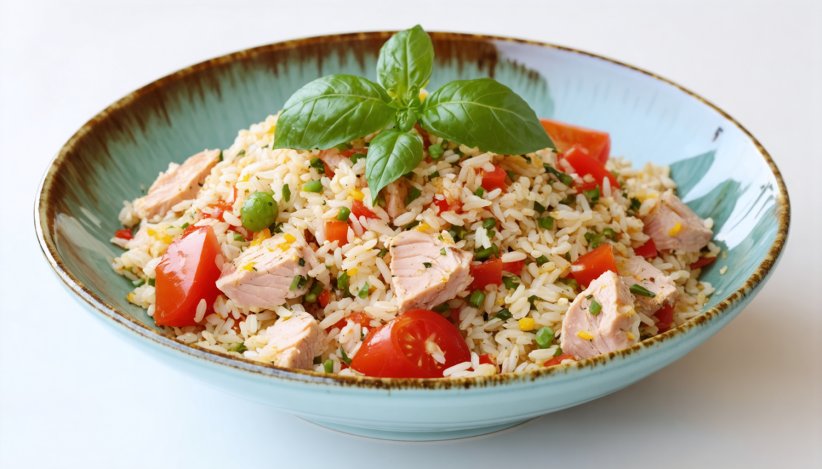 découvrez notre salade de riz fraîcheur méditerranéenne alliant thon savoureux et tomates à l’italienne, parfaite pour un repas léger et plein de saveurs estivales.