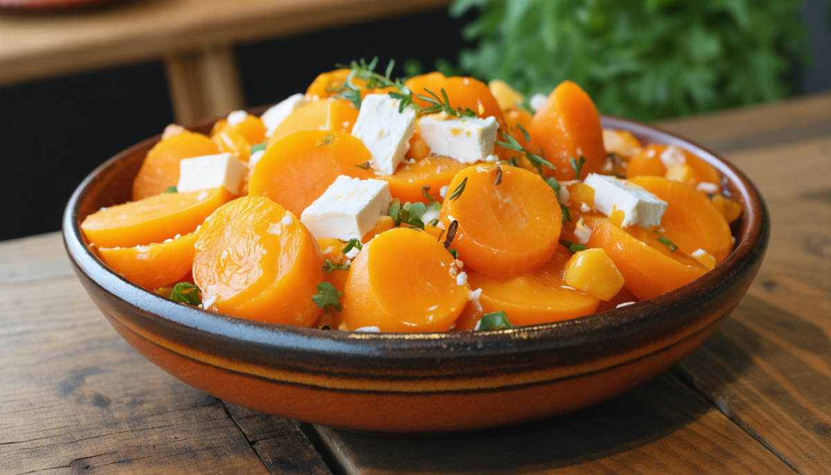 découvrez une salade fraîche et gourmande alliant la douceur des carottes croquantes, la saveur sucrée des abricots juteux et le fondant du fromage de brebis pour un mélange parfait et sain.