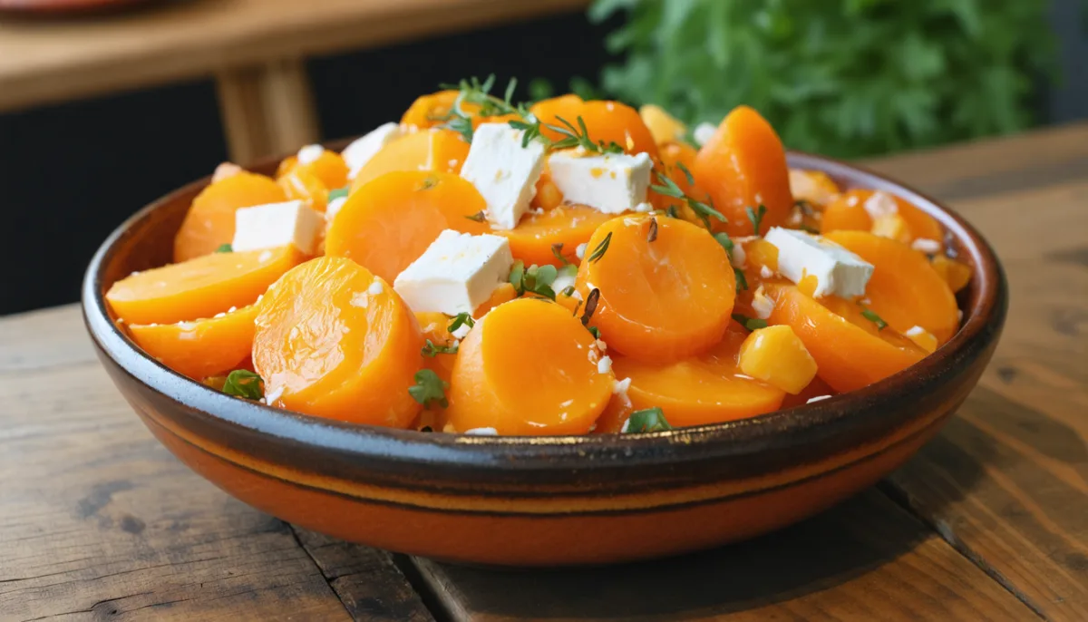 découvrez une salade fraîche et gourmande alliant la douceur des carottes croquantes, la saveur sucrée des abricots juteux et le fondant du fromage de brebis pour un mélange parfait et sain.
