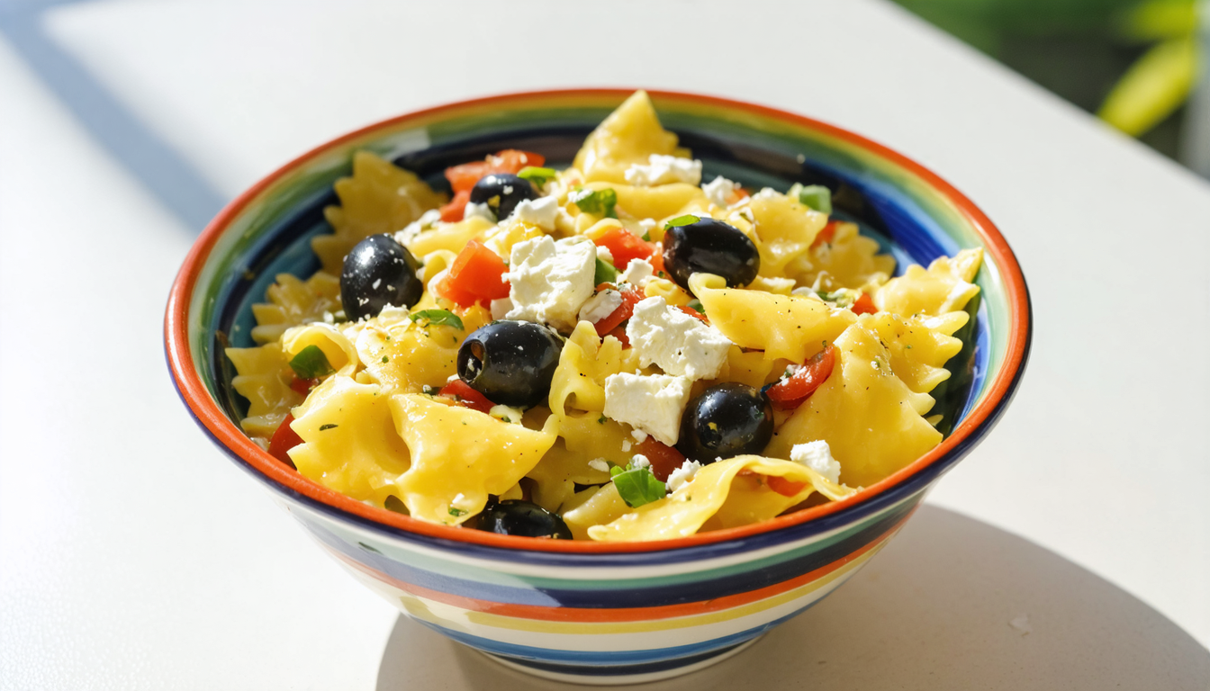 découvrez notre salade fraîche et savoureuse de pâtes froides, agrémentée d'olives noires juteuses et de feta fondante, parfaite pour un repas léger et gourmand.